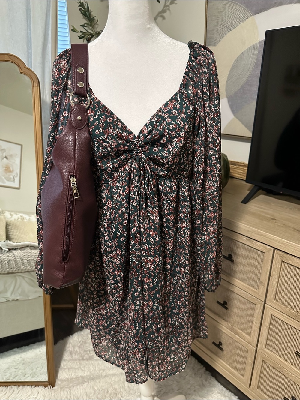 Floral Long Sleeve Tie-Front Dress in Deep Green